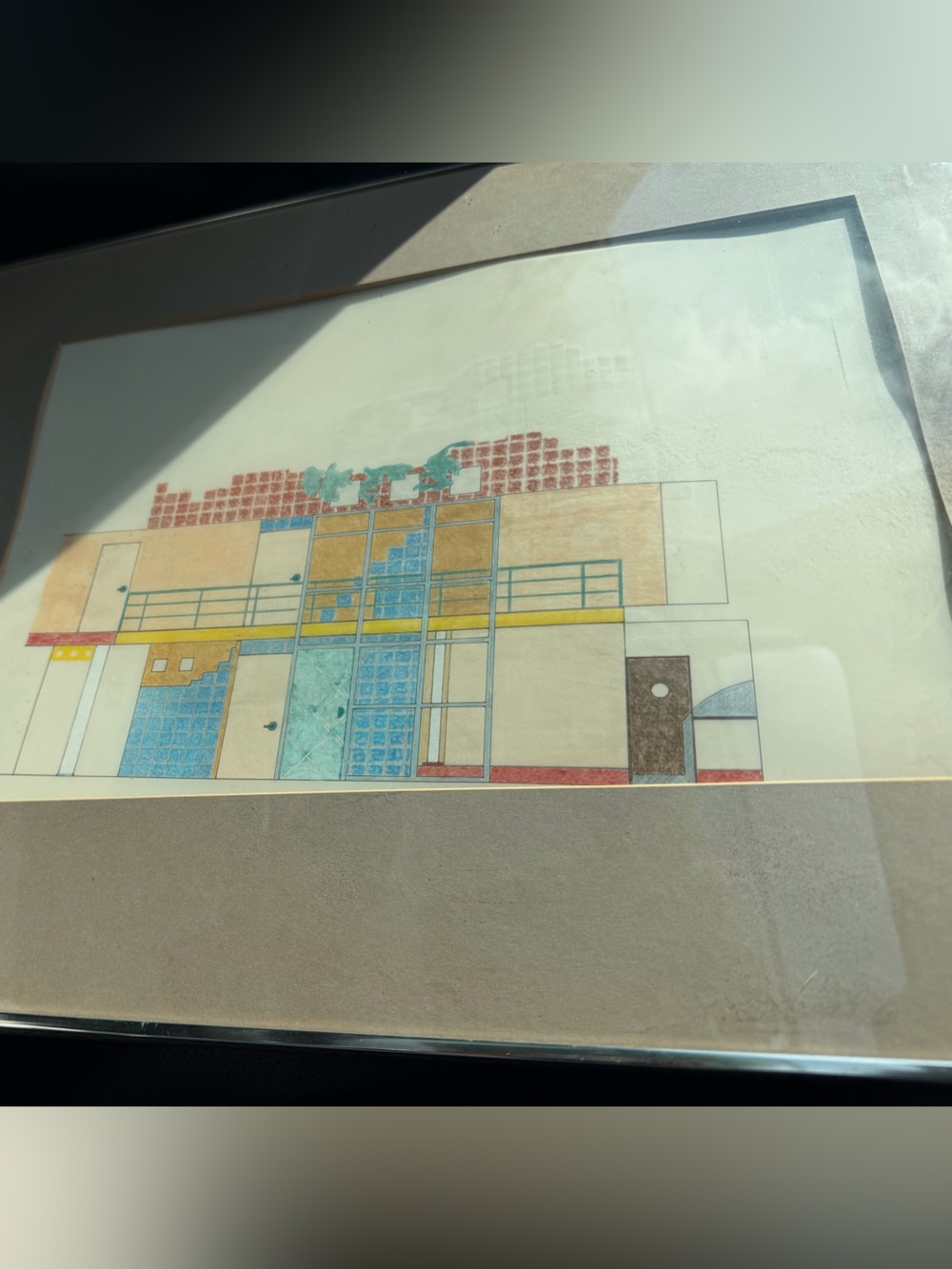 Framed Geometric Architectural Art Print in Teal, Blue, Yellow